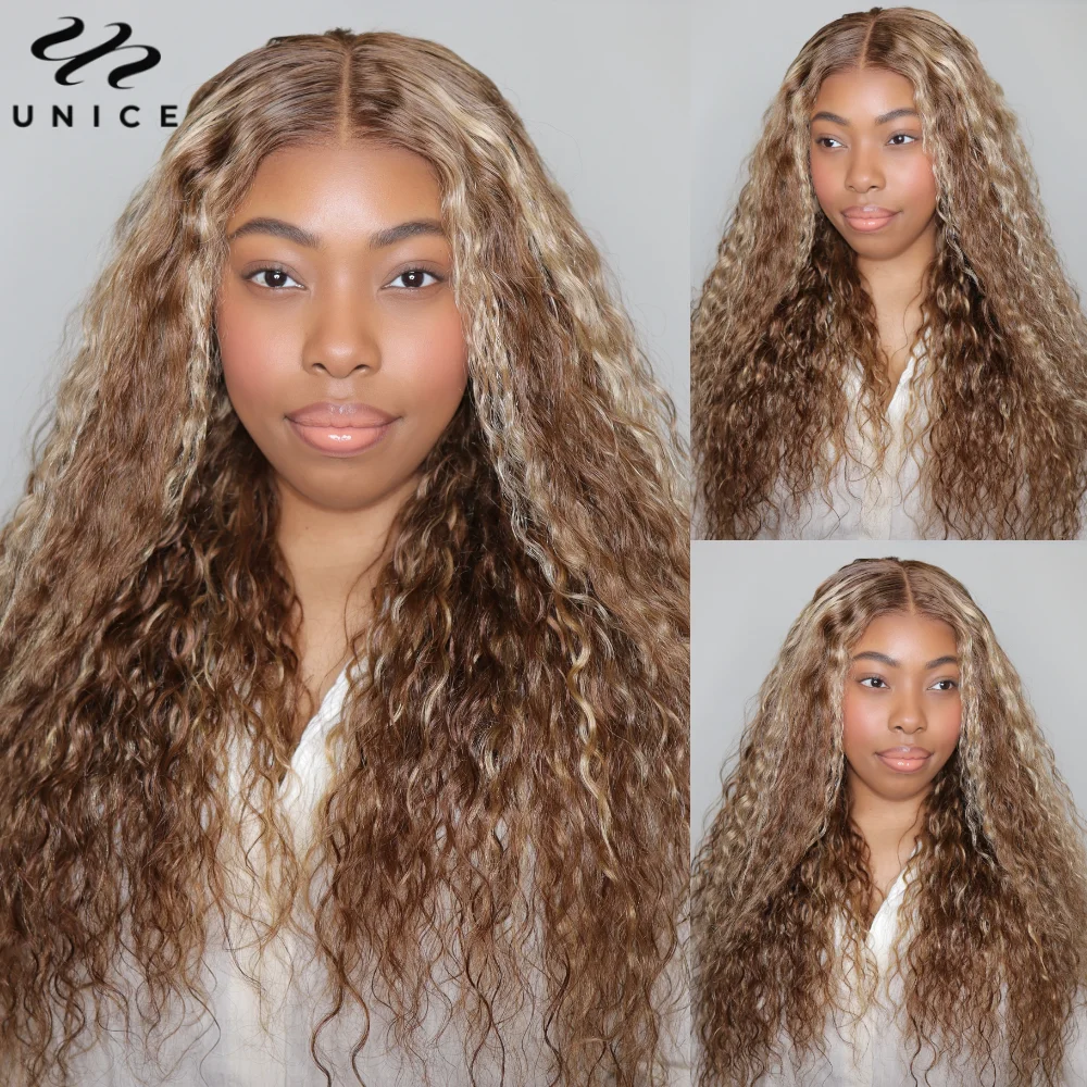 UNice cheveux pré coupés pré blanchi 7X5 vague d'eau perruque miel blond mettre en évidence cheveux humains sans colle perruque prêt à porter 150% densité