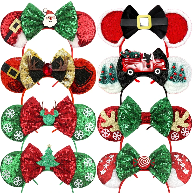 Disney Merry Christmas Hairbands Mickey Mouse Ear Headband for Adults Women Girls Candy Cane Bows Hair Accessories Kids Headwear