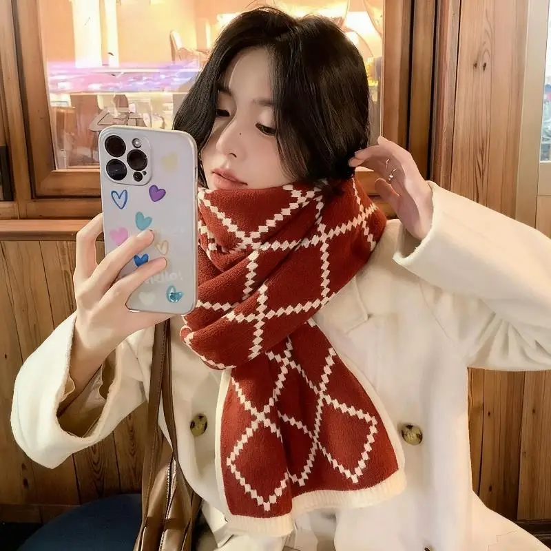 

Red Winter Scarf Korean Style Plaid Knit Wool Neck Warmer Fashion Student Casual Warm Female Shawl Wraps Girls Christmas Gifts