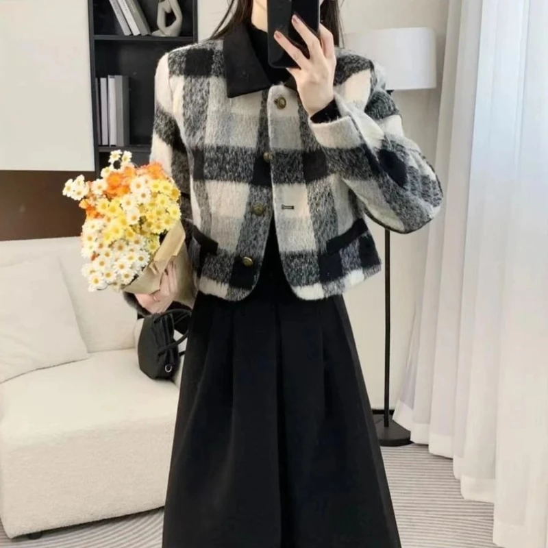 العصرية صغيرة المرأة الخريف الشتاء منقوشة معطف الصوف قصيرة المألوف الكورية نمط سترة صوفية ملابس خارجية الإناث #3