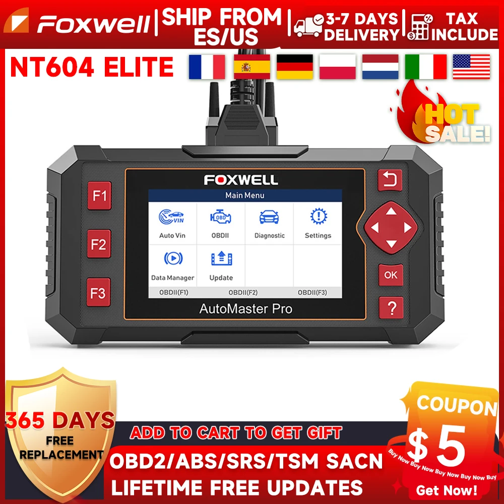 Foxwell NT604 Elite Car OBD2 Scanner Diagnostic Engine ABS SRS AT Code Reader Engine ABS SRS Transmission Diagnostic Tools