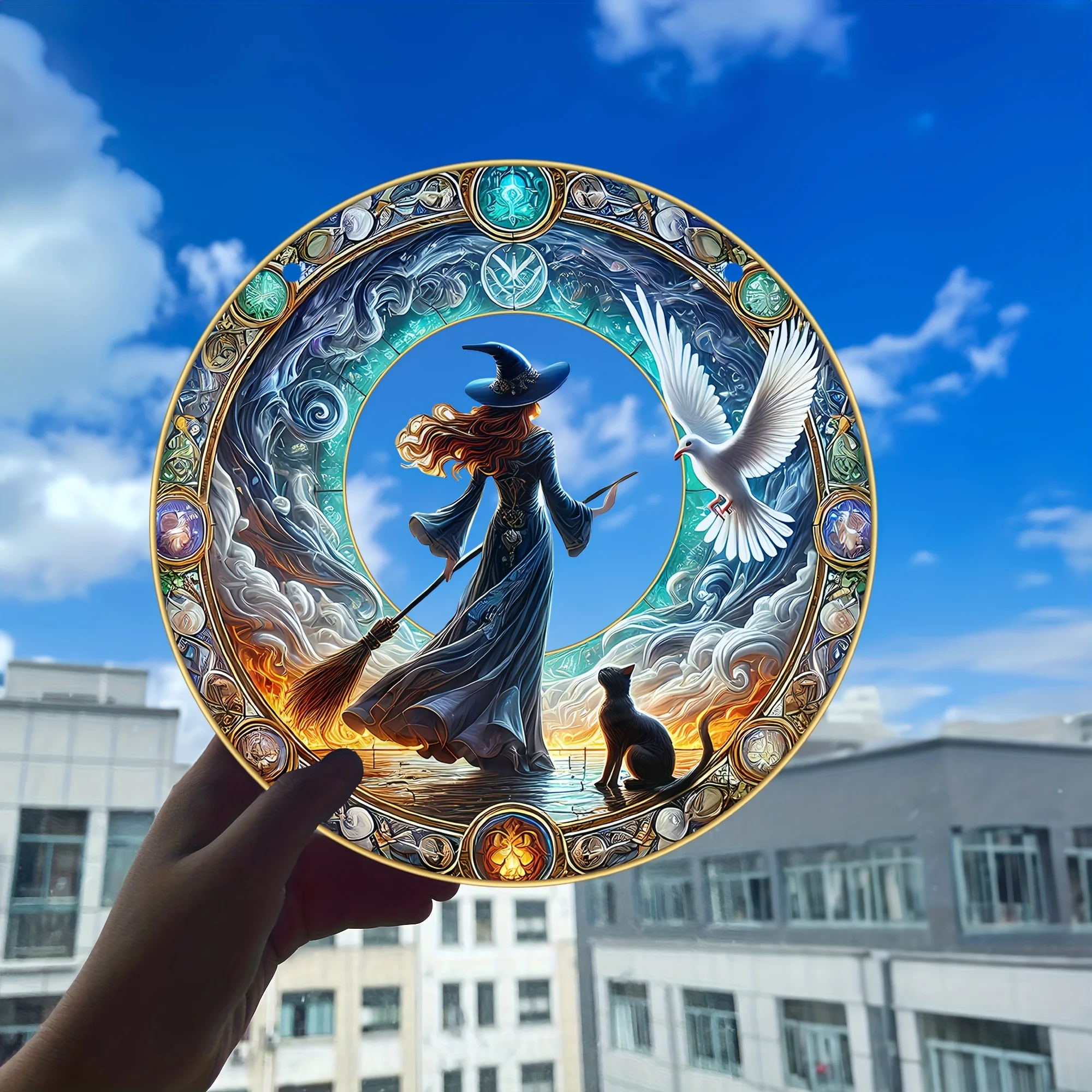 Witch-Themed Sun Catcher-Translucent Acrylic Window Hanging,Round Wall Decor for Home&Bedroom Aesthetics,Perfect Holiday Gift