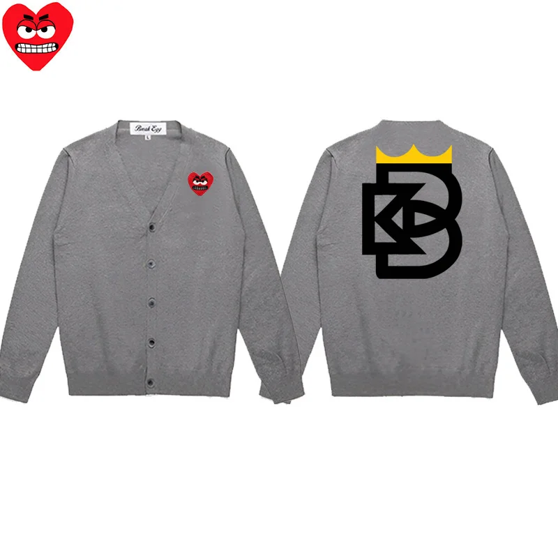 Cardigan da uomo con stampa bianca nera in cotone fresco con ricamo a cuore con scollo a V monopetto a maniche lunghe maglione autunnale