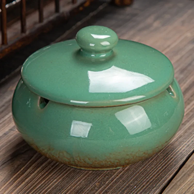 Chinese Retro Ceramic Ashtray Creative High-end Home Decoration Desktop Anti-fly Ash Storage Box Home Decoration Ornaments