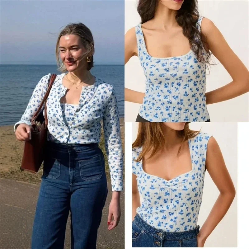 

Women Blue Flowers Cotton Knitted Cardigan Single Breasted Tops , Slim Sleeveless Simple T-Shirt Or Lady Camisole Vest Tank Top