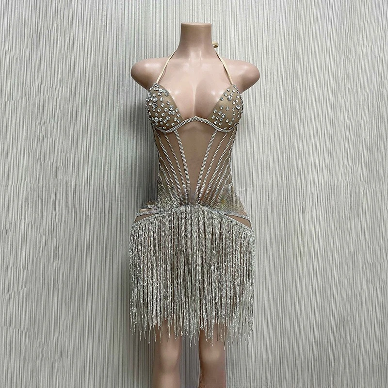 

Medium and Long Crystal Rhinestone Mesh Transparent Dress Birthday Body Chain Fringed Summer Dress Women 2025 Dress for Women