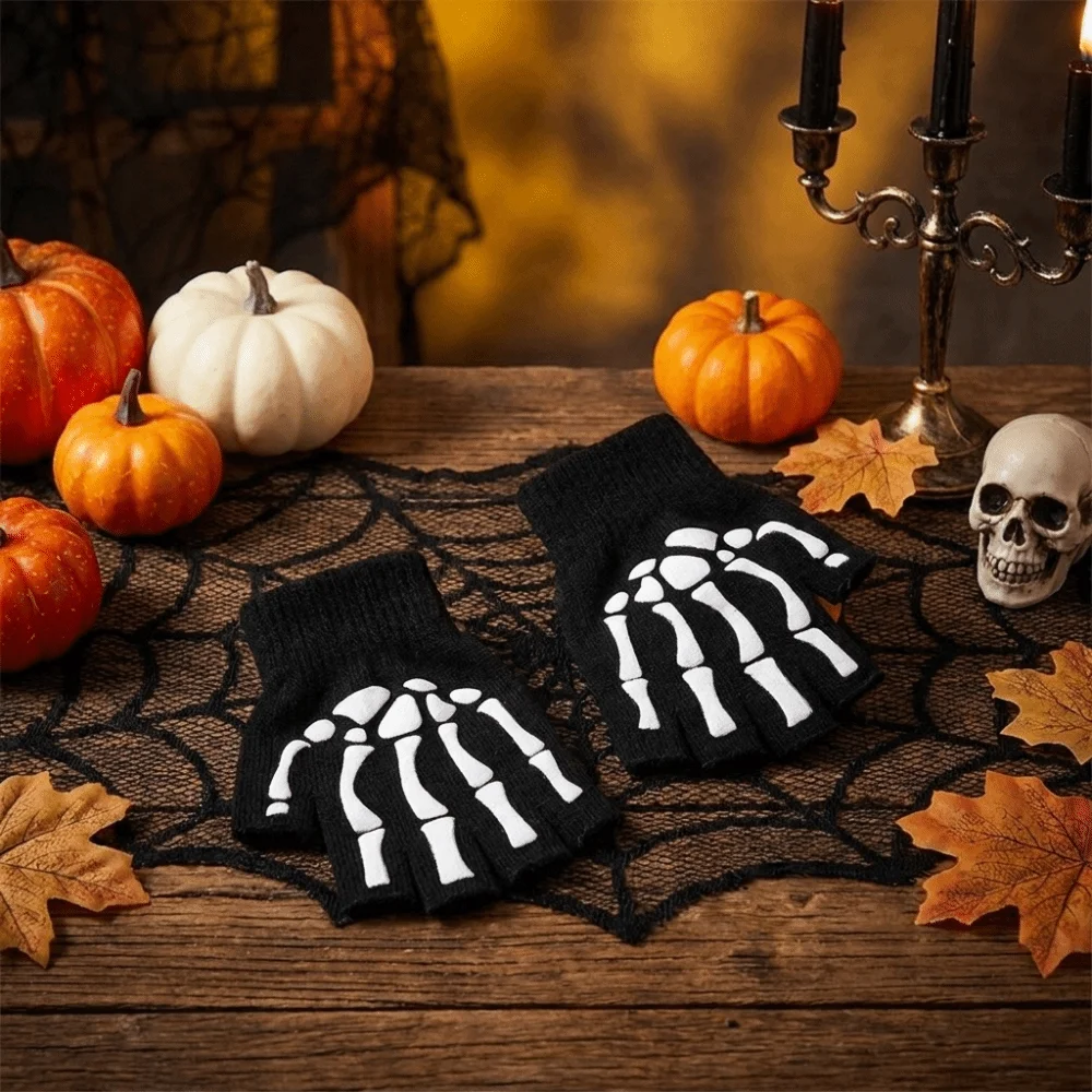 Polyester Skeleton Print Gloves Black Fluorescent Stretchy Material Knitted Half Finger Gloves Glow In The Dark Breathable