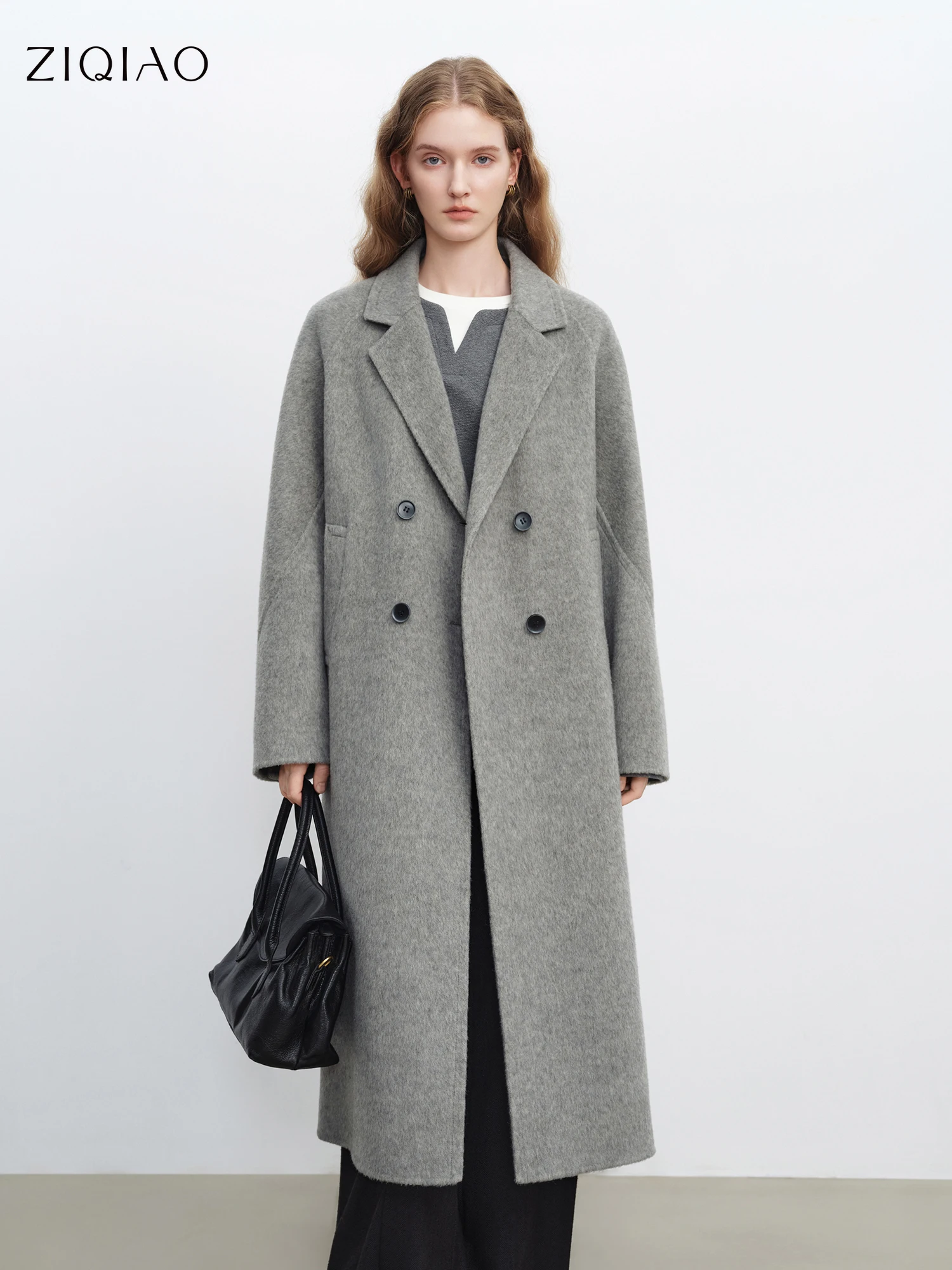 

ZIQIAO светло-серое длинное шерстяное пальто с блейзерным воротником, женское новое зимнее стильное пальто 2025 года, классическое, простое, элегантное, для поездок на работу