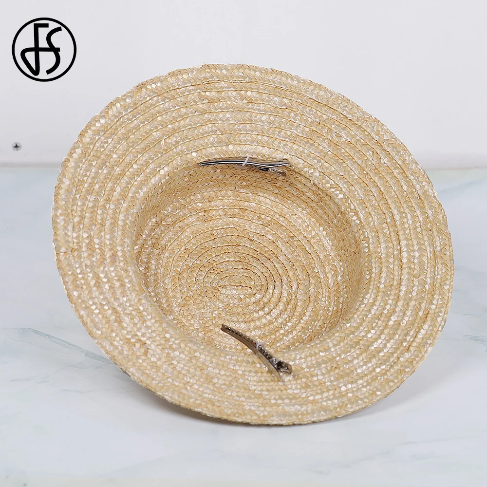 FS 2024 Summer Flat Top Straw Hat With Velvet And Crochet Ribbon Bow Fascinator Hats For Women Short Brim Cocktail Tea Party Cap