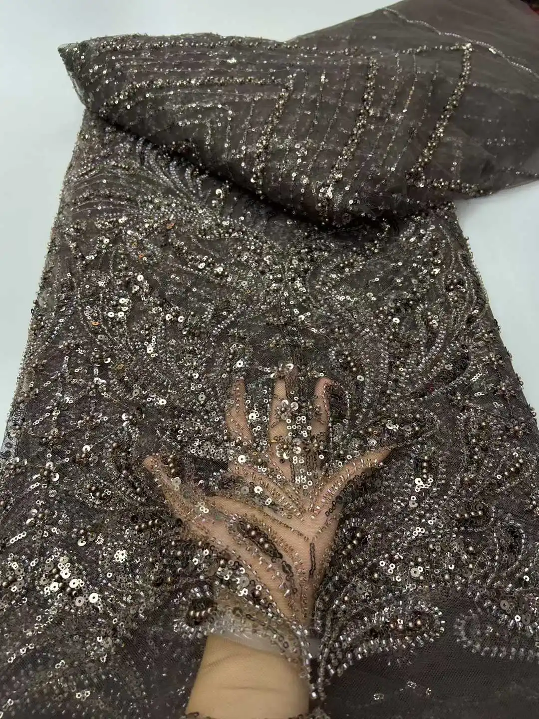 Fashion African Sequins Tulle Embroidered Groom Lace Fabric Beaded High Quality for Nigerian Wedding Dress