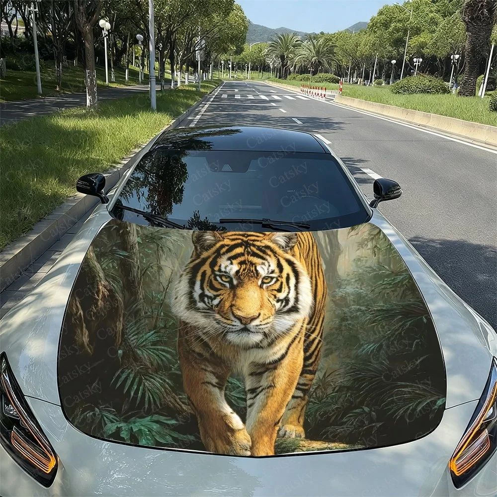 Tiger Walk Cautiously Car Hood Sticker PVC Self Waterproof Stick,Striking Auto Exterior Accessories Decor Protect Gift for Lover