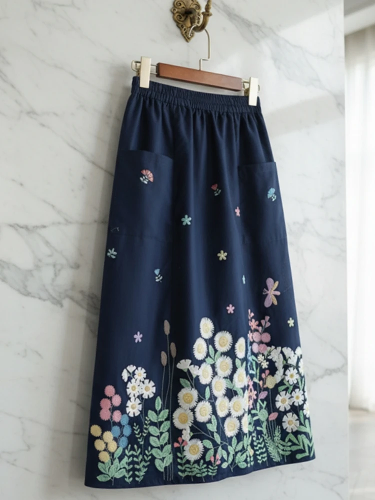 

ZANZEA Women Floral Printing Midi Skirts Casual Elastic Waist Patch Pockets A-Line Mid-Length Skirt Autumn Vintage Woman Skirt