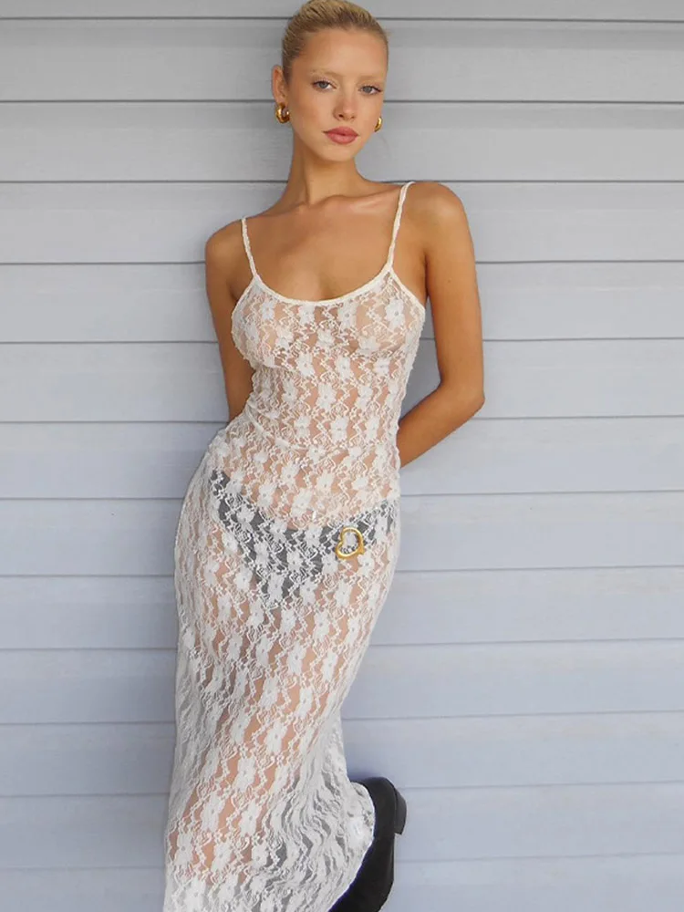 فساتين دانتيل شبكية زهرية شفافة Y2k فساتين طويلة مثيرة بربطة عنق سوداء مفرغة بدون ظهر للنساء 2023 #6