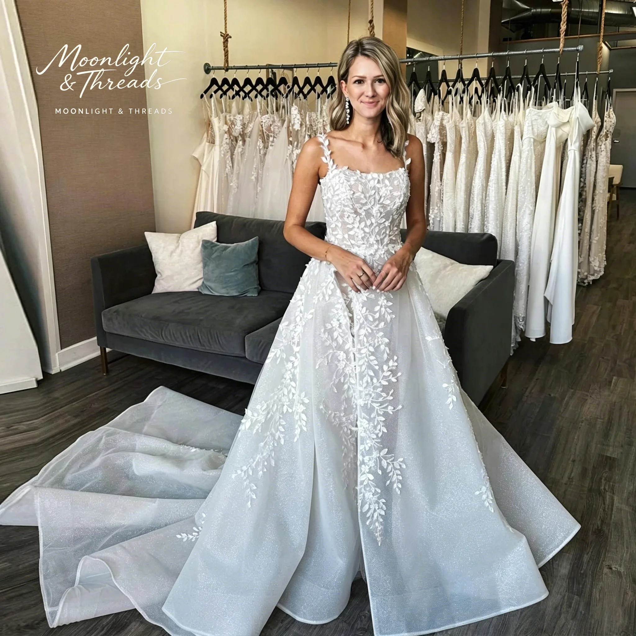 White floor-length formal wedding gown featuring delicate embroidery spaghetti straps a sleeveless bodice and an A-line skirt