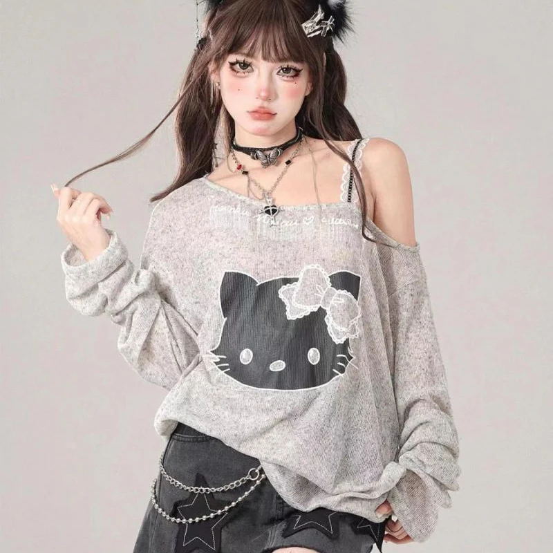 

Sanrio Cute Hello Kitty Anime Jacket Cartoon Kawaii Autumn Sun Protection Cover Shirt Sheer T Shirt Women Summer Shoulder Top