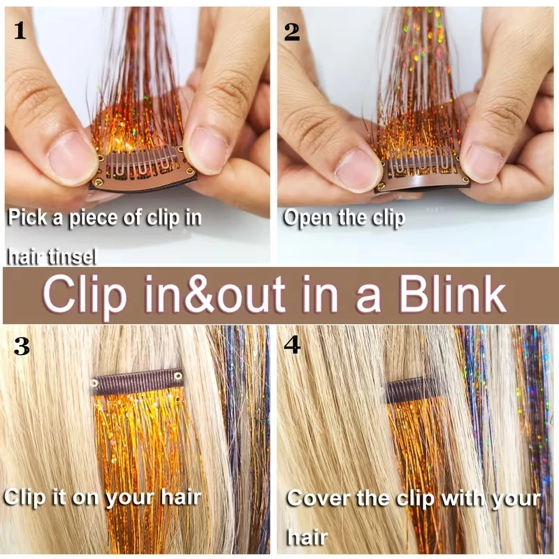 Extensión de cabello sintética con brillantina de 24 pulgadas, con clips BB, resistente al calor, hebras brillantes, para fiestas y cosplay 5