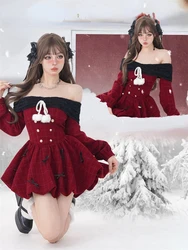 2023 Winter Christmas Red Kawaii Y2k Mini Dress Lolita Sweet Short Party Dress Elegant Korean Fashion Dress Woman Bow Design