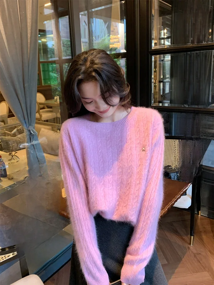 

Fol Else Furry Little Camere Knitted Sweater round Ne Embroidered Lightweight Mature Gentle Women's Top