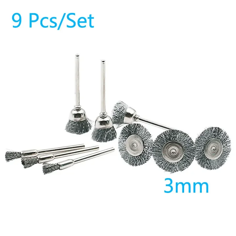 9Pcs/set Steel Wire Brass Mini Brush Rotary Tool for Drill Polishing Grinding Wheel T-shaped Small Brush Accessories