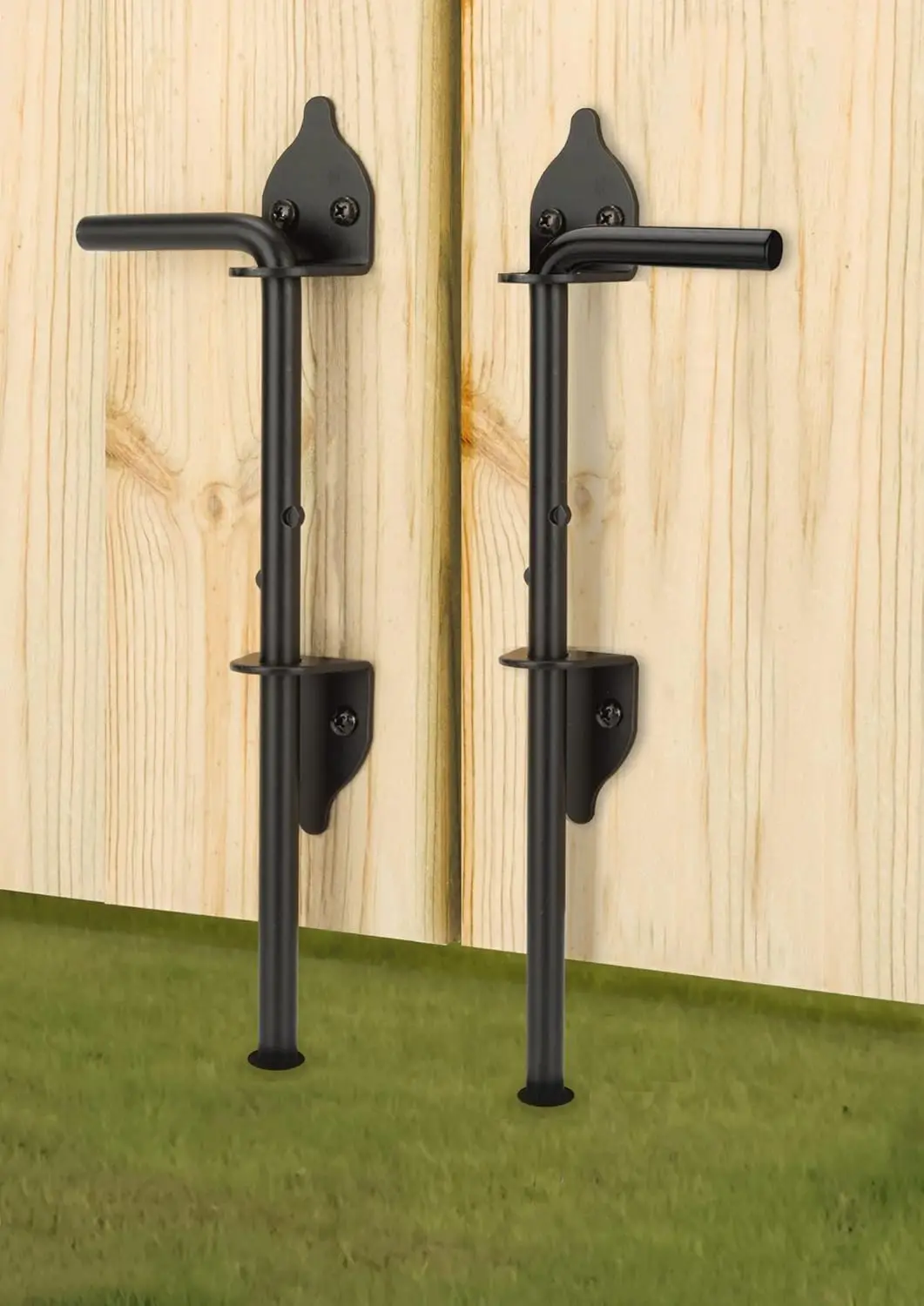 

12" Heavy Duty Cane Bolt Gate Drop Rod Hardware Ground Latch for Wood PVC Vinyl Metal Fences, Double Doors, Black Solid Steel - 2 Pack
