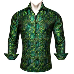 Luxury Shirts for Men Long Sleeve Silk Green Flower Slim Fit Male Tops Casual Button Down Collar Bloues Breathable Barry Wang