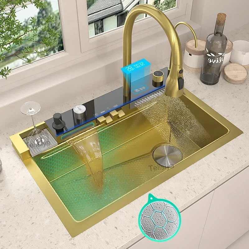 

Golden Kitchen Sink Stainless Steel Waterfall Embossed Digital Display Single Slot Multifunctional Gold Wash Basin Topmount