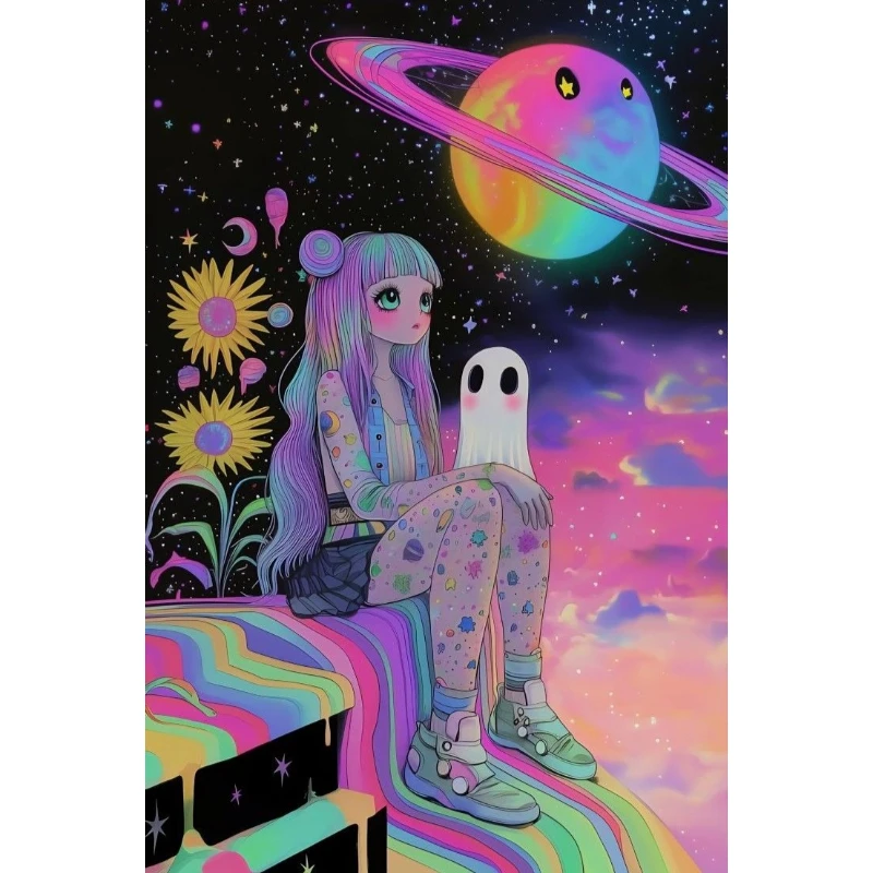 Peinture Diamant DIY : Art Psychedélique Pastel, Jeune Fille Mignonne, Fantôme, Arc-en-ciel, Planète, Galaxie, Espace – Décoration Maison Exquise Faite à la Main
