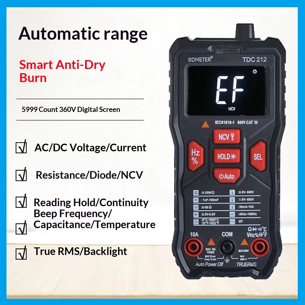 

BDMETER TDC 212 Auto Digital Multimeter True RMS NCV Tester - Automatic Range, Backlight, Flashlight, CAT III Safety