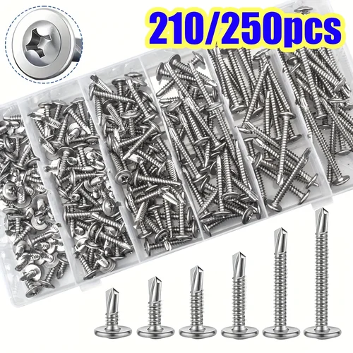 210 Uds 410 acero inoxidable M4.2 Cruz de cabeza redonda grande con cojín Huasi autorroscante cola de perforación cola de milano tornillos de hoja de hierro