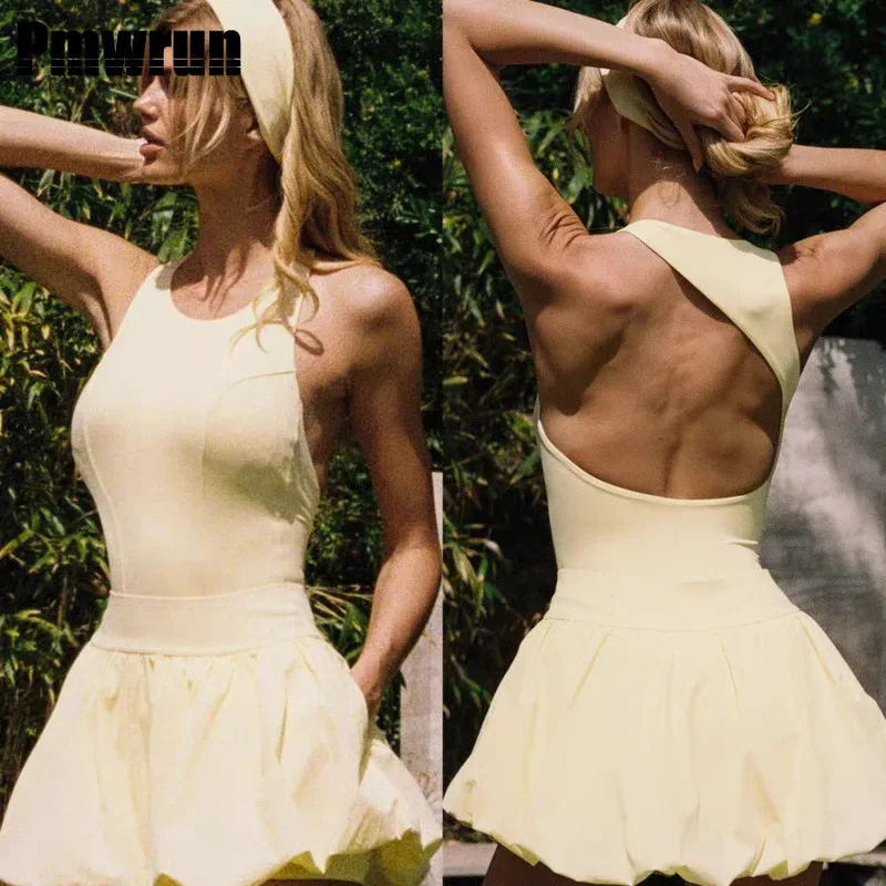 

Женский комплект для йоги PMWRUN из 2 предметов: асимметричный топ с открытой спиной и юбка-баллон с высокой талией, мягкий, эластичный, для спортзала, йоги, пилатеса