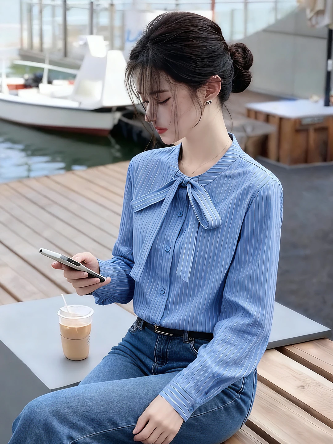 

Ele Ladylike Blue Striped irt with Bowtie Fem Spring Faion 2026 New Sle Korean Version Loose Fit Long Sve