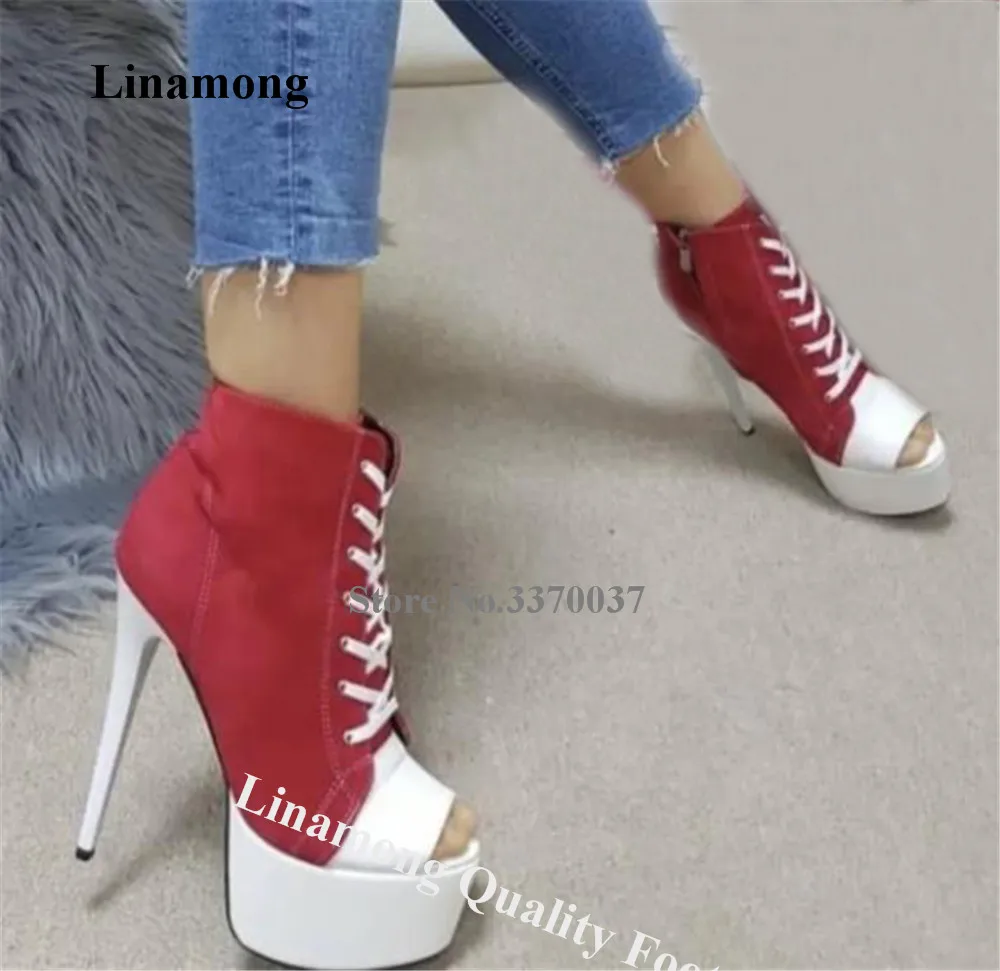

Linamong Newest Patchwork Stiletto Heel Short Boots Peep Toe Red-white Lace-up High Platform Thin Heel Ankle Booties