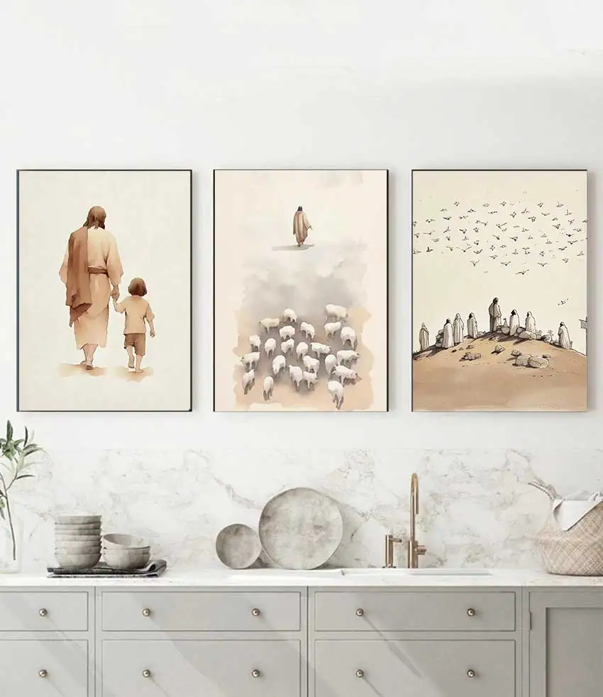 Sheep Kids Back Shadow Poster Print Canvas Printing Wall Art Picture for Living Room Nursery De Watercolor Christianity Jesus - zdjęcie 1