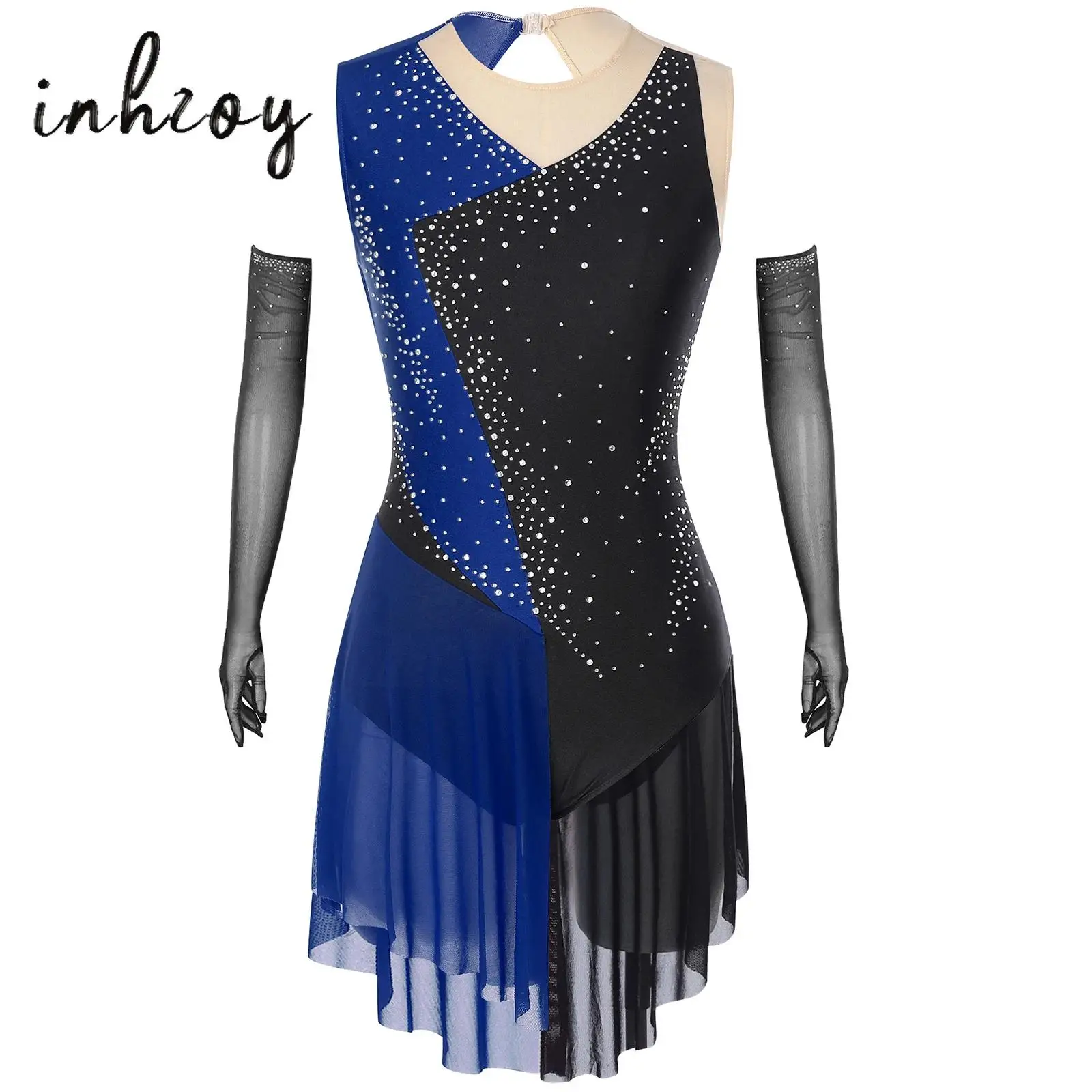 

Womens Glittery Rhinestone Lyrical Modern Dance Dress Color Block Asymmetrical Leotard Dress + Mesh Gloves Latin Dance Costume