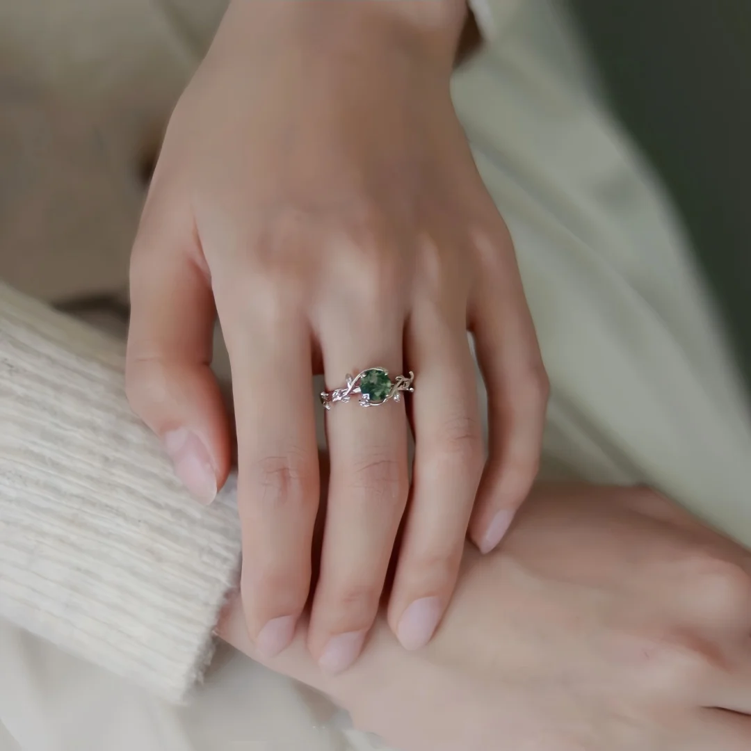 925 Sterling Silber Eleganter Vielseitiger Ring für Damen mit Moosachat und Aquatischem Pflanzenachat, Verstellbarer Offener Ring – Detail 2