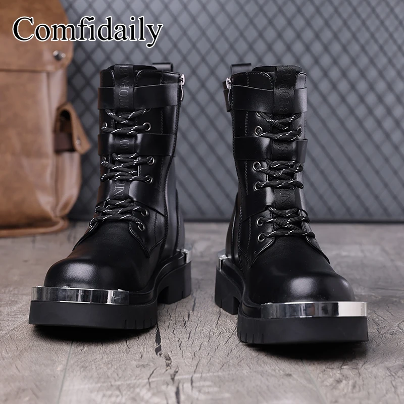 Large Size Thick Soled High Top Boots with Belt Buckle Metal Side Zipper Personalized High-quality Fashionable Motorcycle Boots