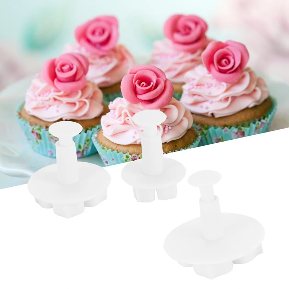 3PCS Food Grade PP Fondant Flower Cutter Easy Clean Spring-Loaded Cake Plunger Cutters Flower Design Cake Decor Embossing Mold