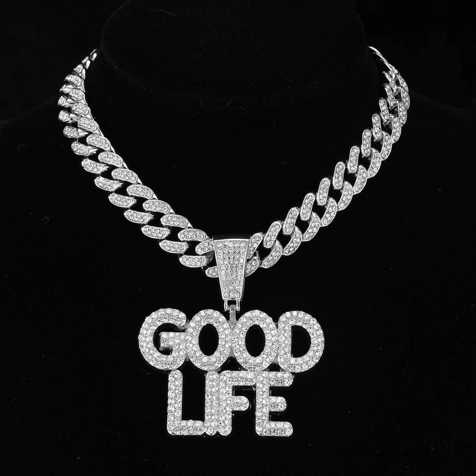 D&Z  GOOD LIFE Letter Pendant  With 13mm Rhinestones Miami Cuban Chain HipHop Iced Out Bling Necklaces Fashion Jewelry For Man