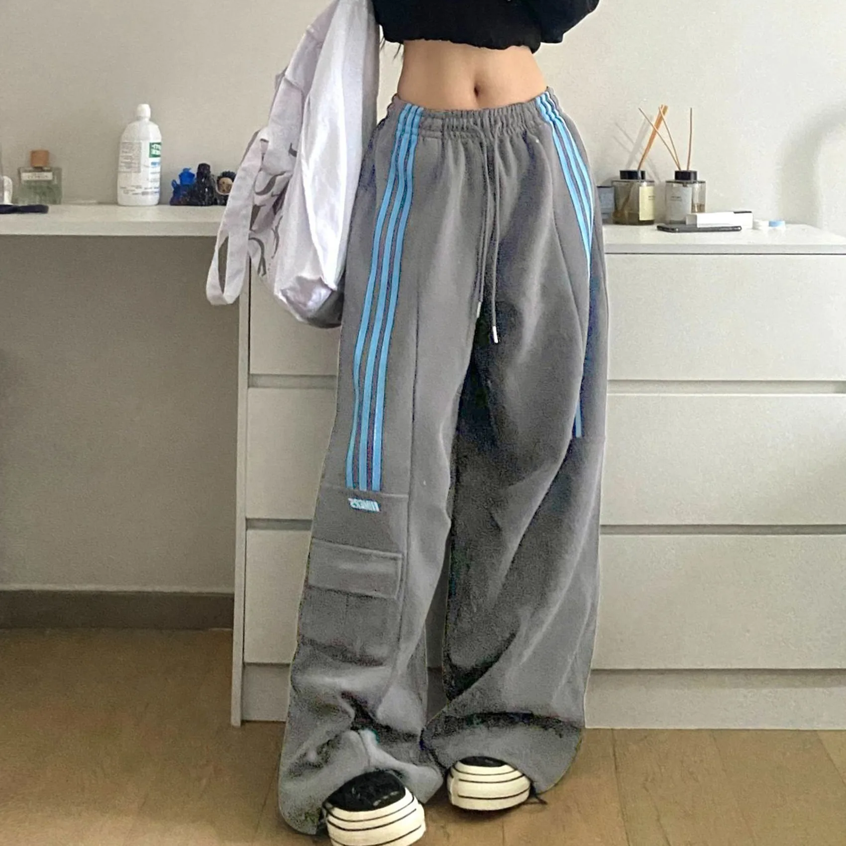 American Retro Lazy Style Wide Leg Pants Women Solid Stripes Elastic High Waist Drawstring Loose Casual Straight Sports Trousers