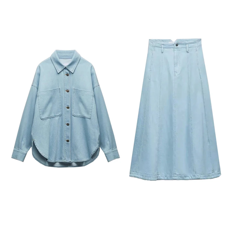 

Новое весеннее пальто-тукет с отложным воротником и высокой талией, джинсовая юбка-капюшон 7637603 7648603, женский модный комплект из хлопка F...