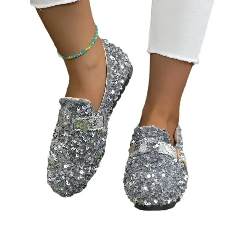 2024 Sommer Balletts chuhe bling Slipper Plattform glänzende Damen Freizeit schuhe Pailletten Hausschuhe großen Stil Schuh