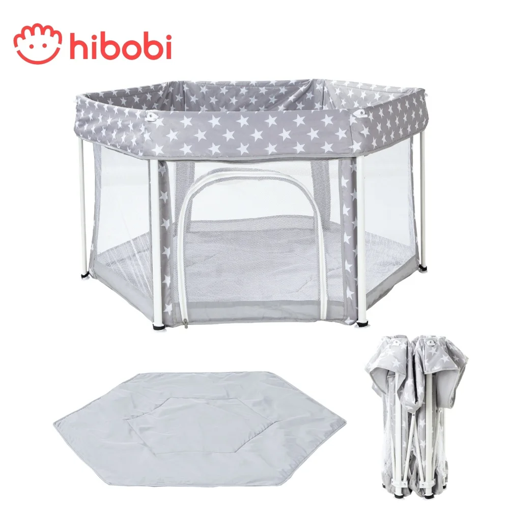 hibobi Baby Playpen Indoor&Outdoor 6-Panel Foldable Portable Baby Playpen 135*135*66CM, Grey