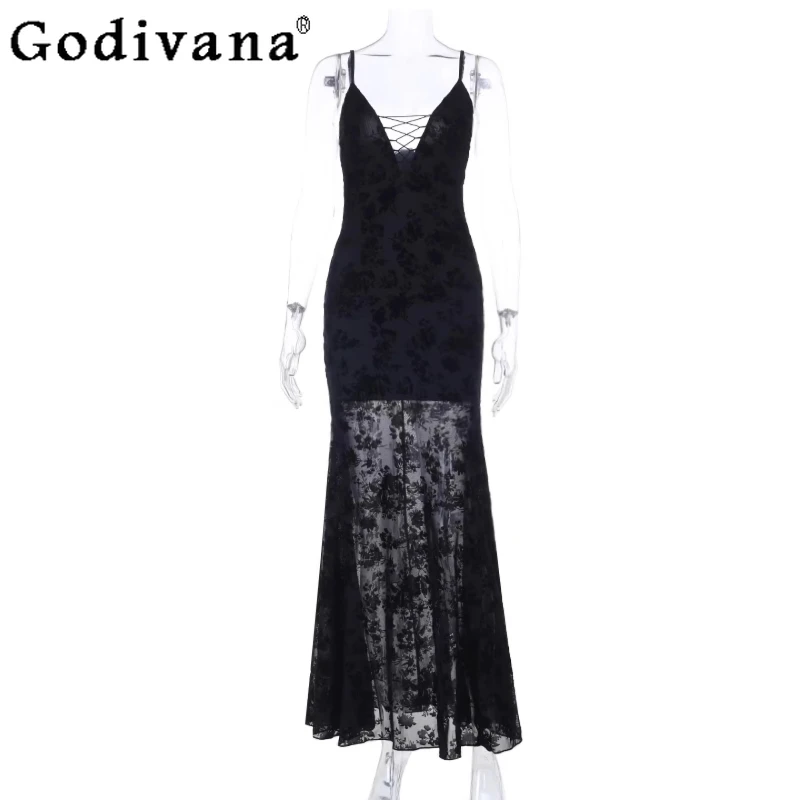 

Gothic Style Lace Strap Dress for Women Subculture Hot Girl Black Long Dress Female Sleeveless Royal Evening Party Dress