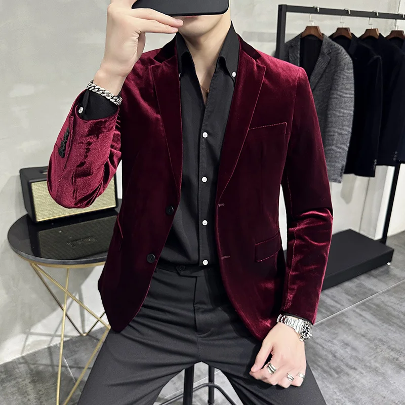 

Autum Velvet Wedding Dress Coat Mens Blazer Jacket Fashion Casual Suit Jacket Stage DJ Men's Business Blazers Costume Homme