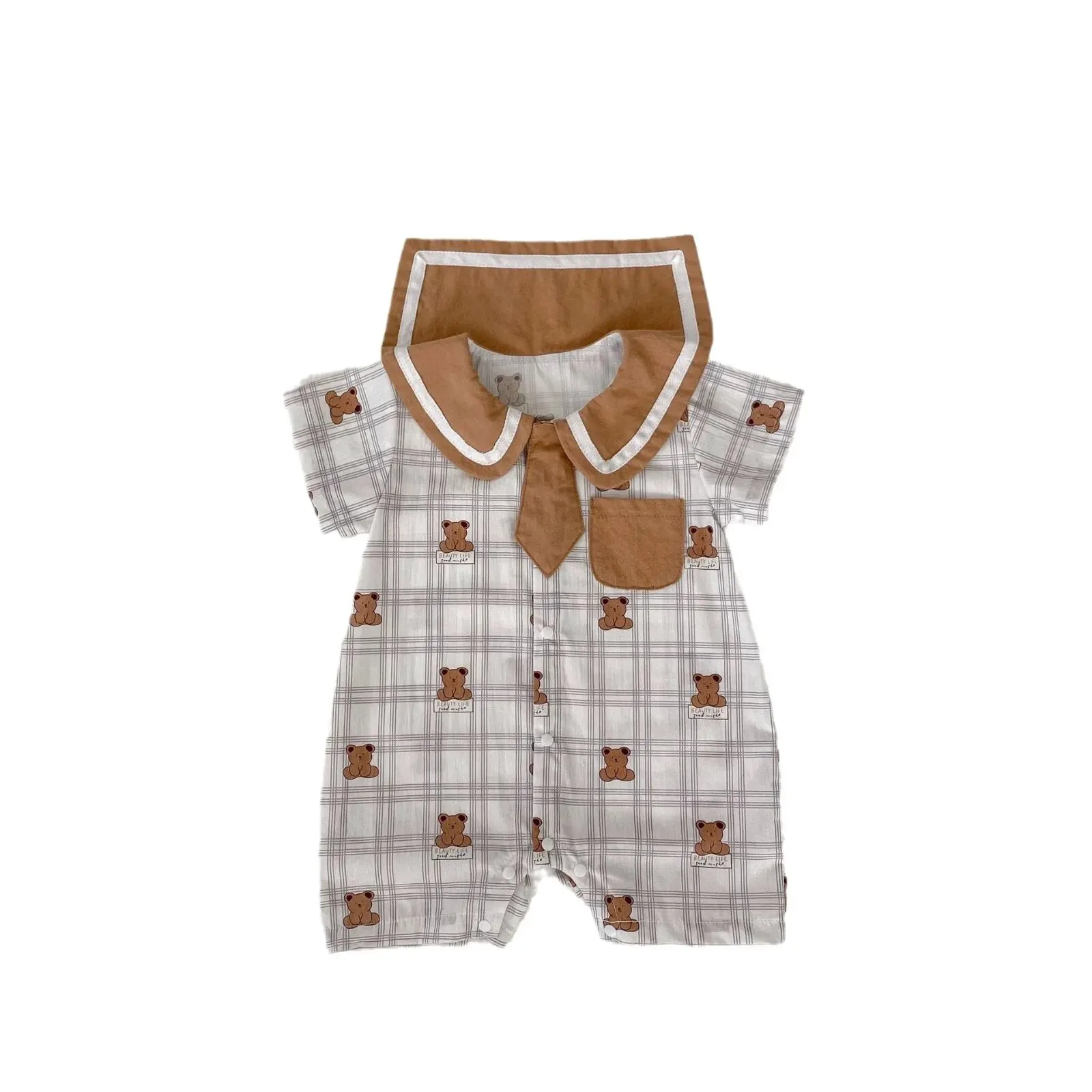 2024 Summer New Arrival: Kids Baby Boy Short Sleeve Jumpsuit with Navy Collar, Plaid Cartoon Bear ,Tie, Perfect for Infants N