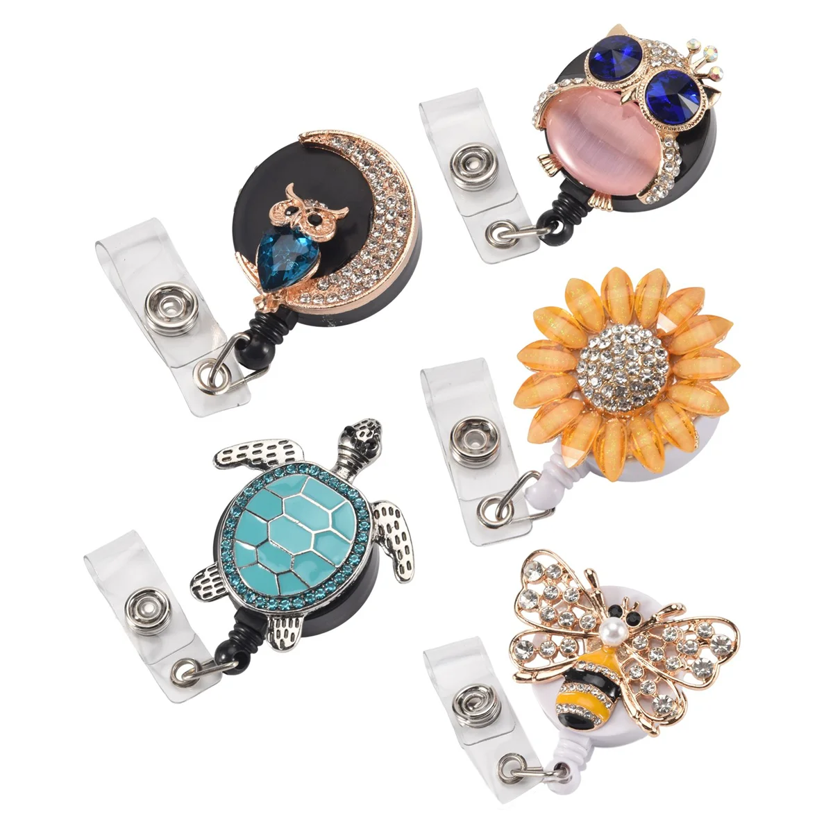 ตัวม้วนป้ายประดับพลอยเทียมแบบพับเก็บได้จำนวน5ชิ้นตัวม้วนป้ายแสดงชื่อพร้อมที่หนีบป้ายรูปจระเข้