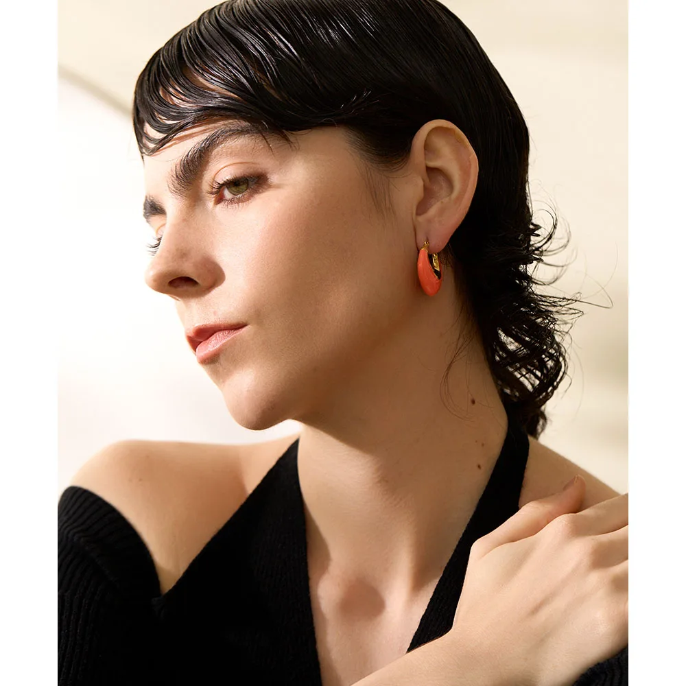 Yhpup Multicolor Enamel Stainless Steel Geometric Chunky Hoop Earrings Women Stylish Metal Waterproof Summer Party Jewelry