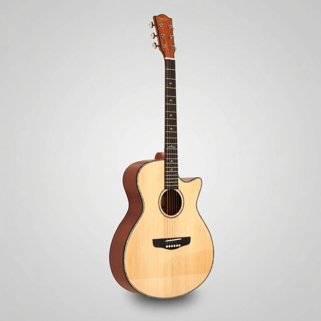 Acoustic Guitar 6 String Cutaway Light Top Dark Back Sides Cross Inlay Chrome Tuners White Bridge Pins Glossy Body Slim Neck