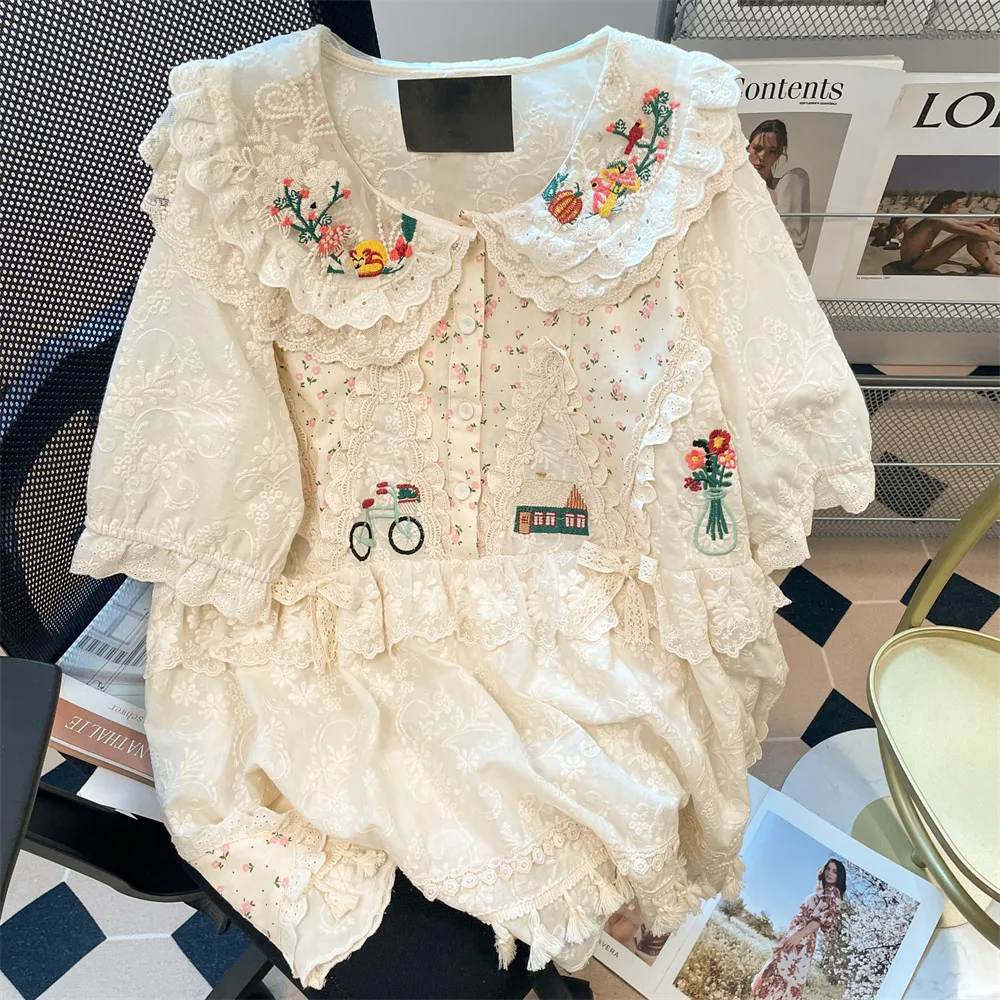 

Japanese Sweet Lolita Mori Girl Floral Embroidery Shirts Women Spring Cute Peter Pan Collar Long Sleeve Casual Loose Blouse Tops