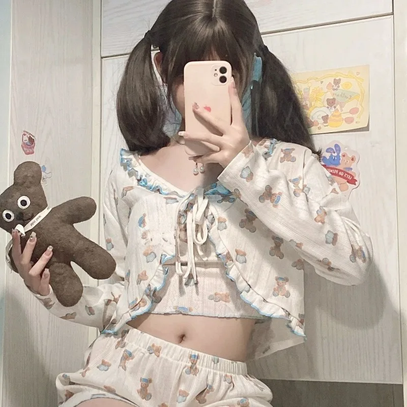 Summer Sweet Cartoon Bear Print Lolita Pajamas 3 Piece Sets Women Loose Shorts Sexy Sling Vest Suit Girls Home Clothes Pyjamas